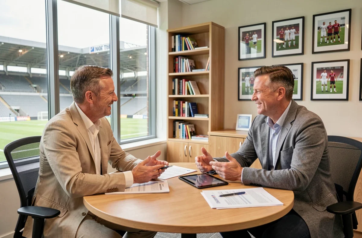 Deux dirigeants ou proches d'un footballeur discutant de son avenir sportif autour d'une table dans un bureau moderne avec vue sur un stade, représentant les négociations autour du futur club d'Eden Hazard en 2026