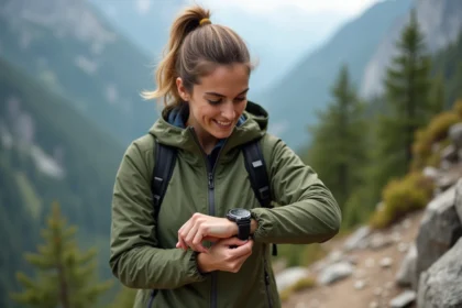 Randonneuse consultant sa montre GPS sur un sentier de montagne pour mesurer la distance parcourue en pas et kilomètres