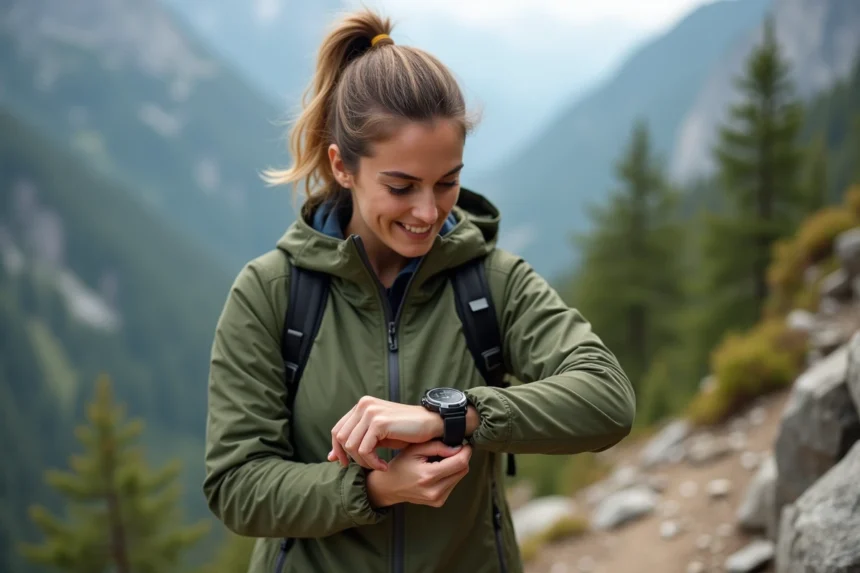 Randonneuse consultant sa montre GPS sur un sentier de montagne pour mesurer la distance parcourue en pas et kilomètres