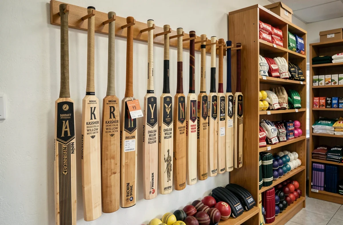 Rayon de bats de cricket en magasin de sport avec plusieurs modèles en willow anglais et kashmir willow exposés