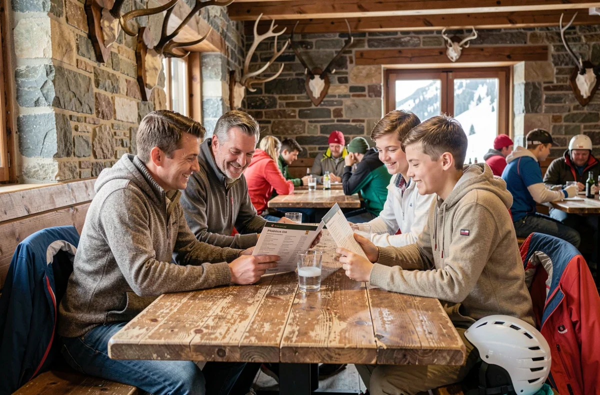 Famille de skieurs consultant le menu d'un restaurant de montagne à Pra Loup après une matinée sur les pistes