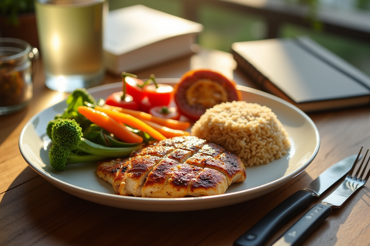 Repas sain riche en protéines avec poulet légumes et riz