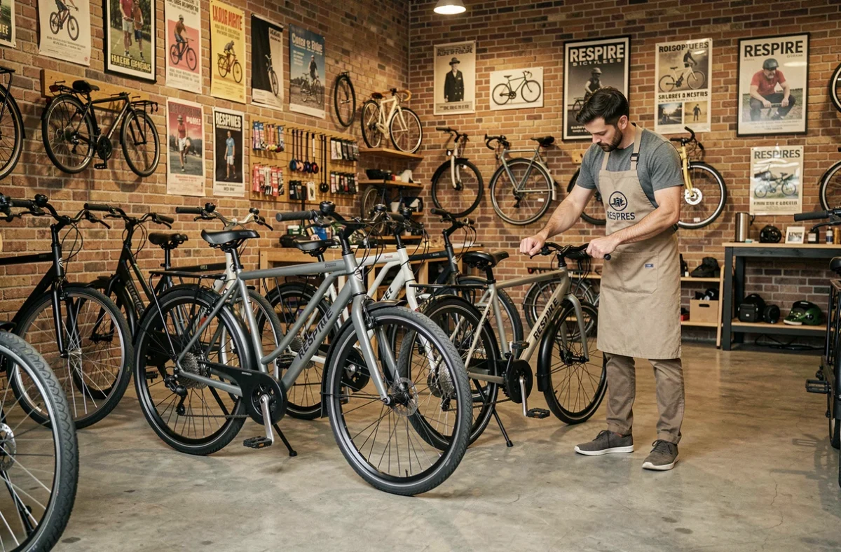 Intérieur du magasin Respire Bicycles à Toulouse avec des vélos urbains exposés et un mécanicien en tablier