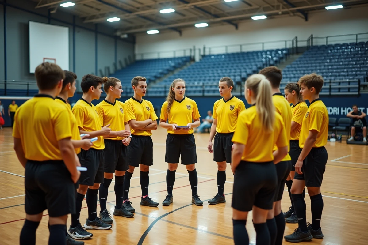 Groupe de jeunes arbitres en formation dans un gymnase