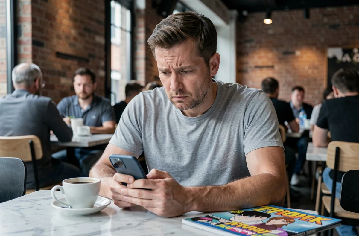 Homme préoccupé consultant un site de scantrad sur smartphone dans un café