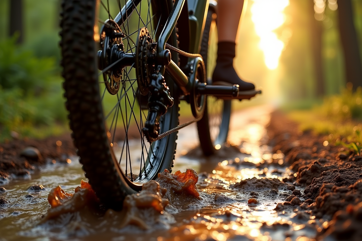 Roue et moteur d e-bike éclaboussant dans un chemin forestier