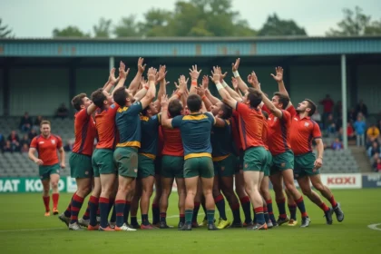 Joueurs de rugby en compétition lors d'une touche en Fédérale 2 Poule 3, maillots colorés et terrain herbeux