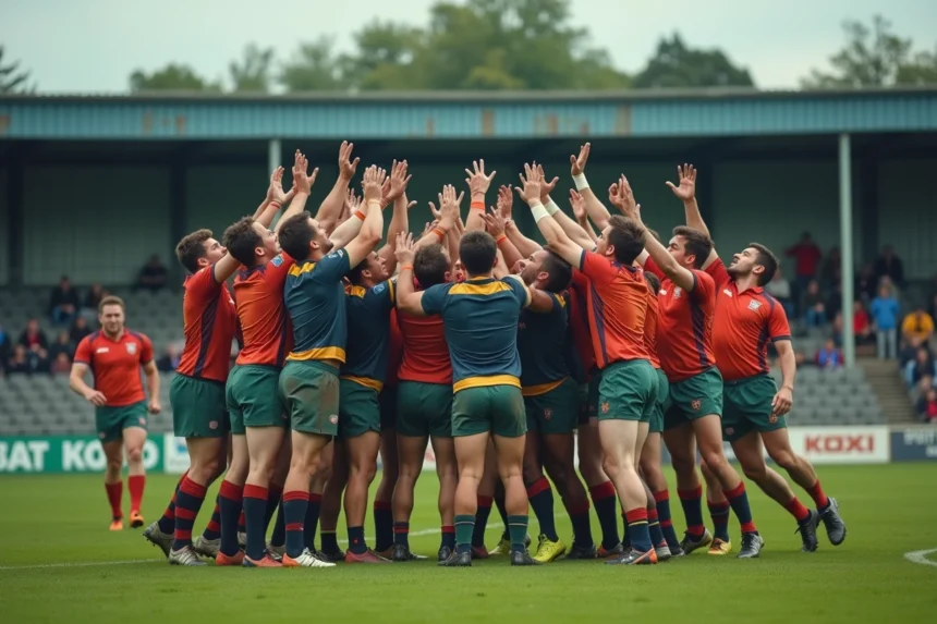Joueurs de rugby en compétition lors d'une touche en Fédérale 2 Poule 3, maillots colorés et terrain herbeux