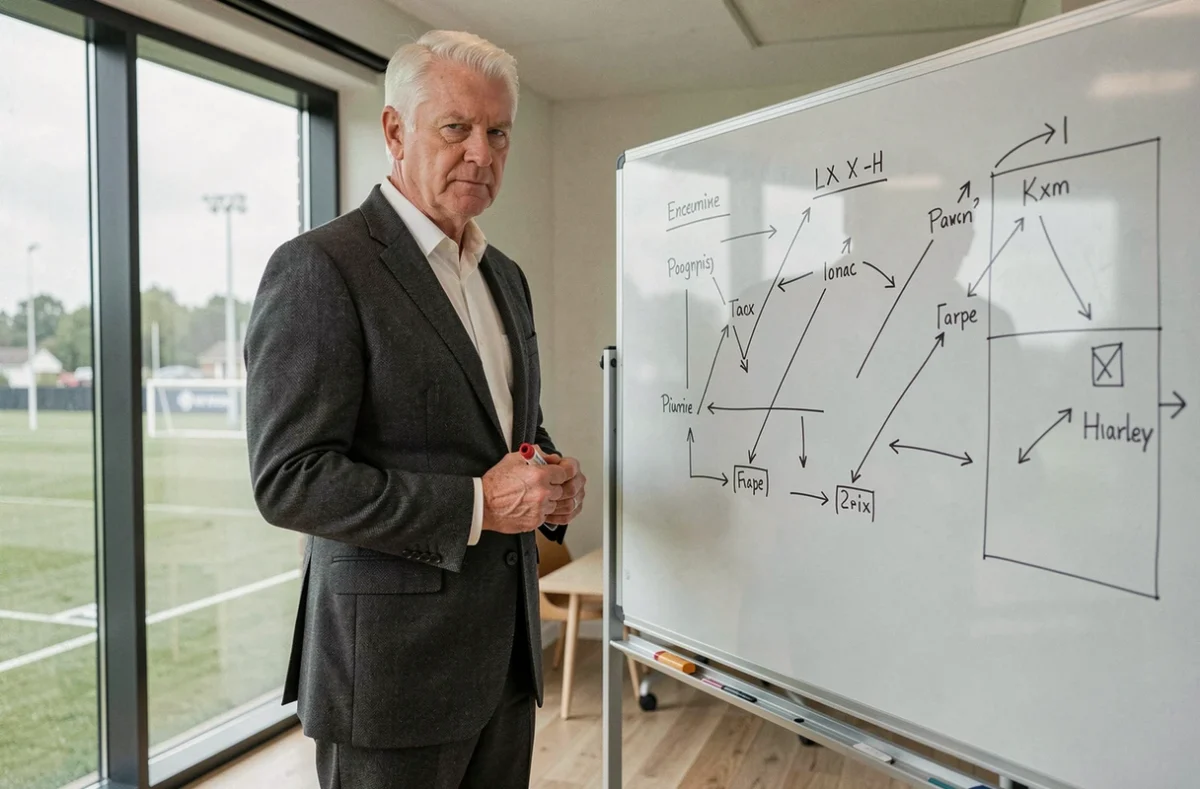 Ancien rugbyman professionnel français en costume gris analysant des tactiques sur un tableau blanc dans un bureau de consultant sportif