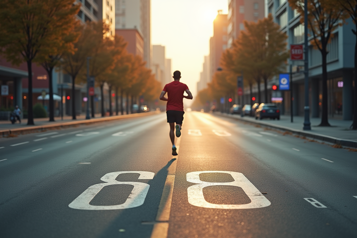 Coureur sprintant sur une route urbaine avec panneaux kilométriques