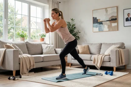 Séance de HIIT à la maison dans un salon lumineux