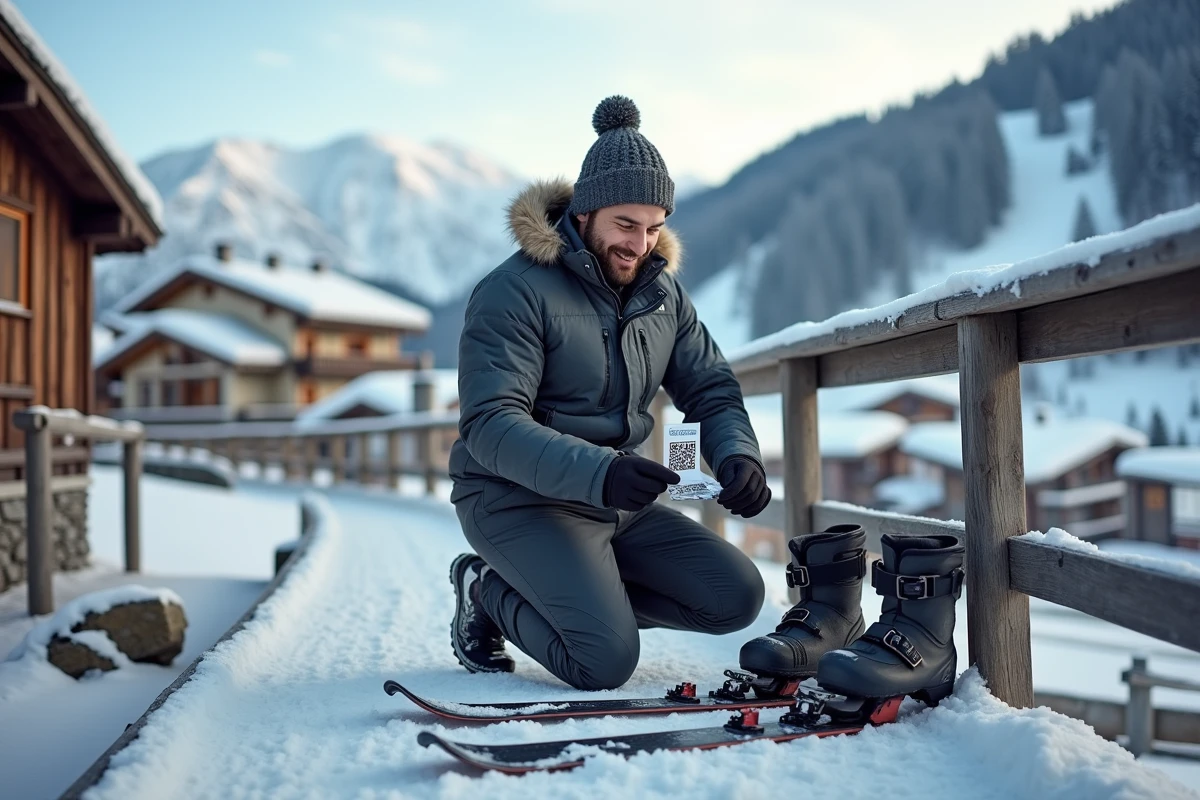 Skieur vérifiant son forfait Les Arcs sur une terrasse enneigée avec les pistes en arrière-plan