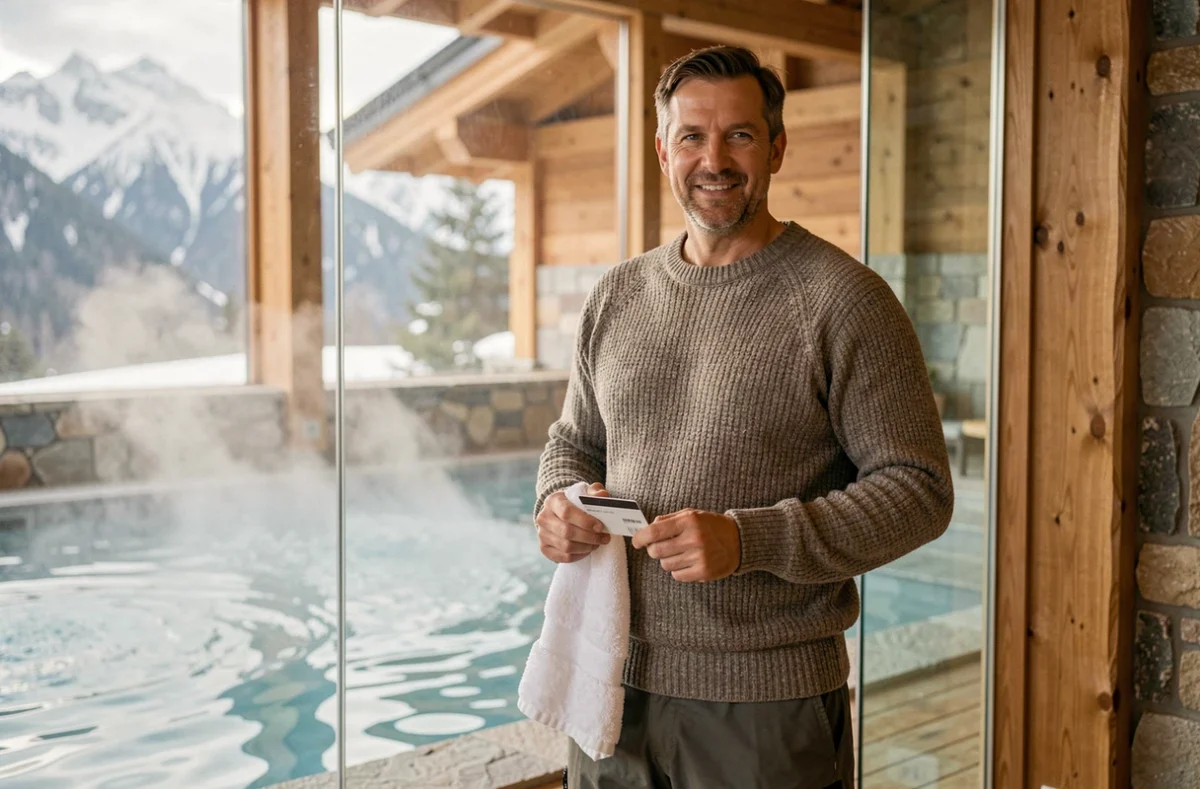 Homme adulte à l'entrée d'un espace spa et bien-être d'une station de ski, activité de détente hors ski en montagne