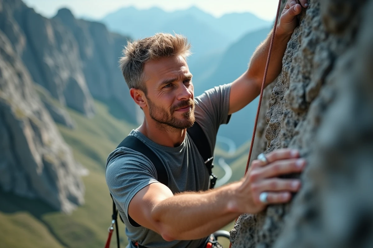 Grimpeur en escalade sur paroi rocheuse en hauteur avec vallée alpine en arrière-plan, illustrant le danger de la hauteur dans les sports de montagne