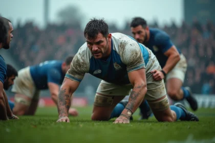 Joueurs de rugby en mêlée sous la pluie, illustrant les risques de chocs physiques dans les sports de contact