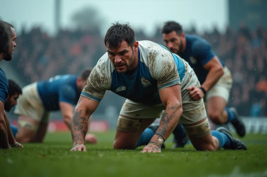 Joueurs de rugby en mêlée sous la pluie, illustrant les risques de chocs physiques dans les sports de contact
