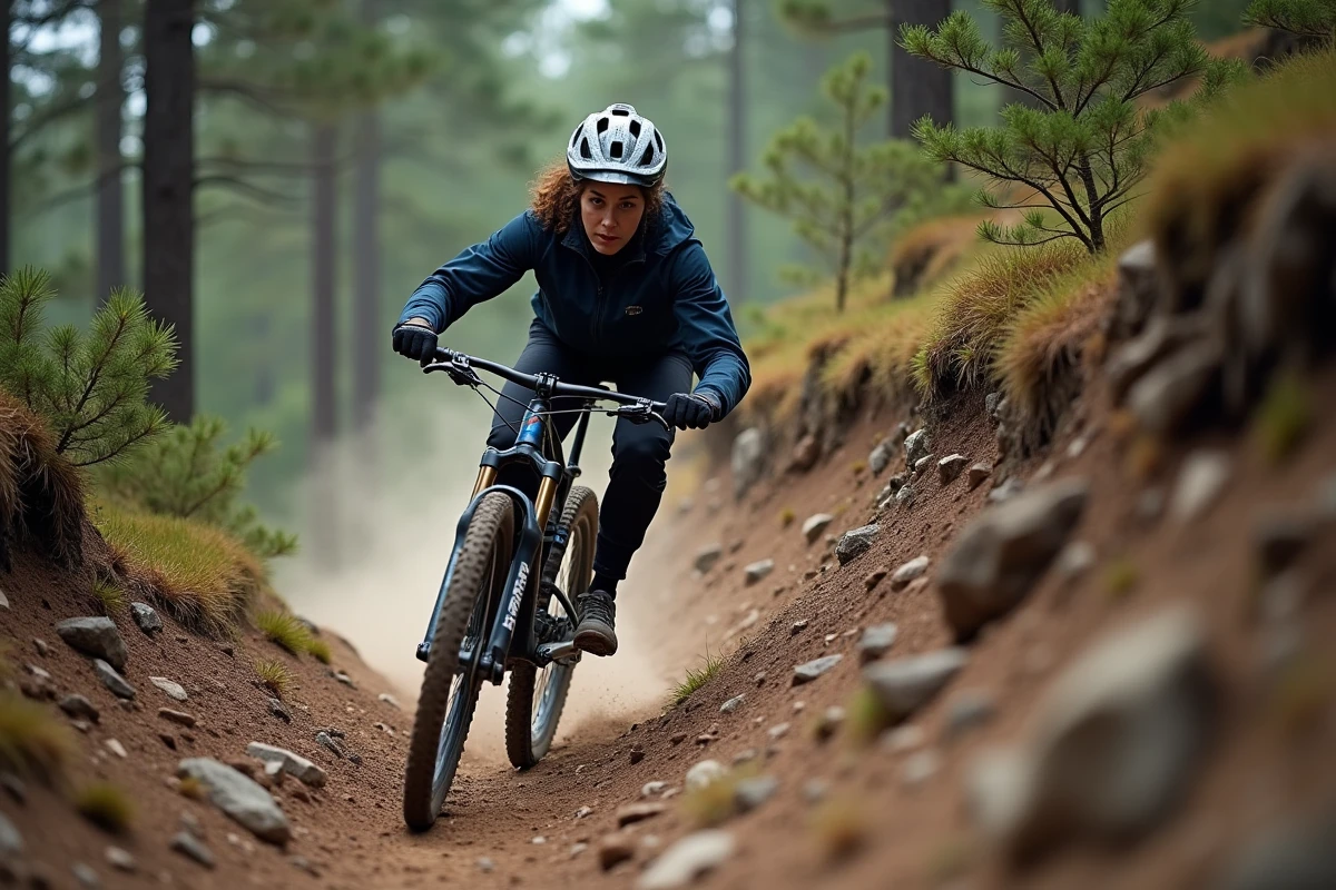 Cycliste VTT en descente sur sentier rocheux en forêt, montrant les dangers de la vitesse et de la hauteur dans les sports extrêmes