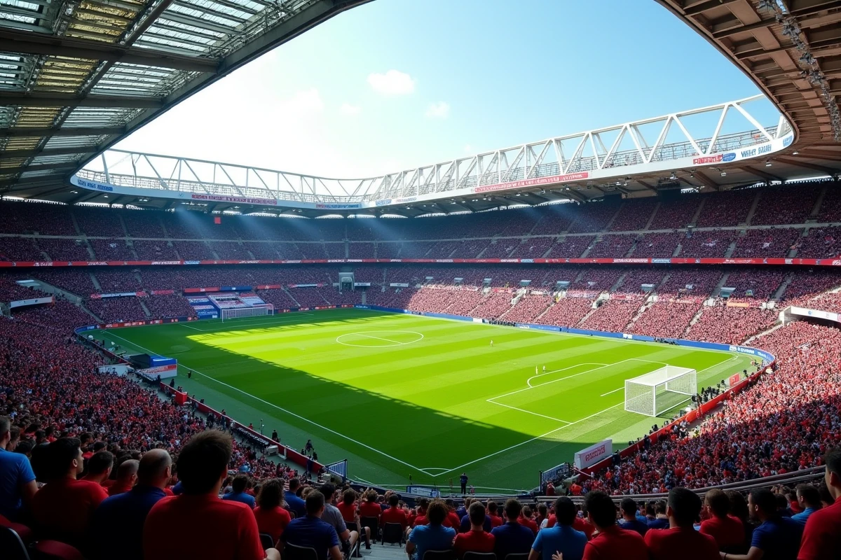 Vue intérieure panoramique d'un stade de football professionnel rempli de supporters illustrant les enjeux financiers du PSG