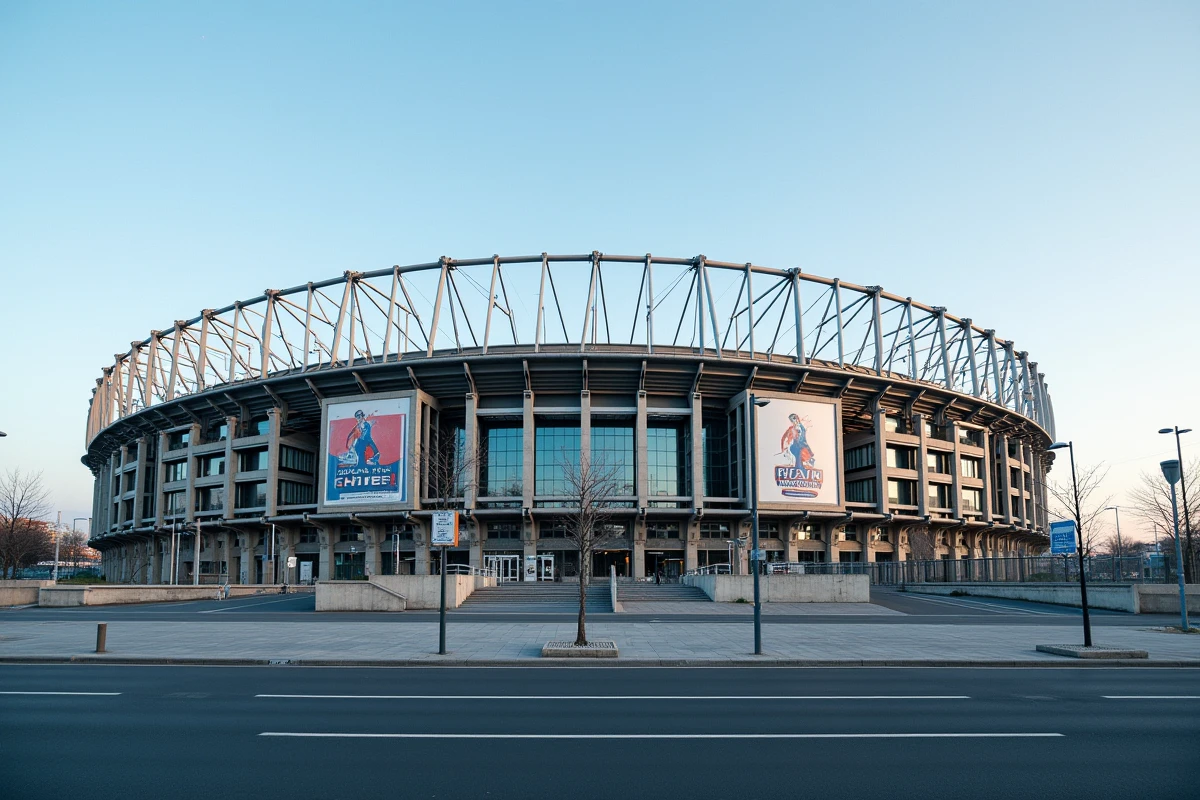 Vue extérieure du stade de l'Olympique Lyonnais représentant les enjeux économiques et les investissements financiers du club