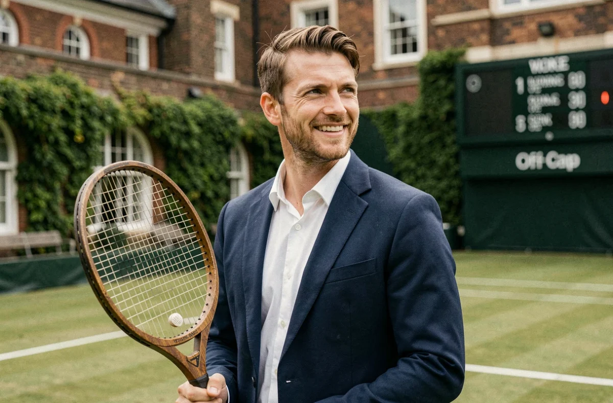 Portrait élégant d'un joueur de tennis en blazer marine tenant une raquette vintage sur un court en gazon historique