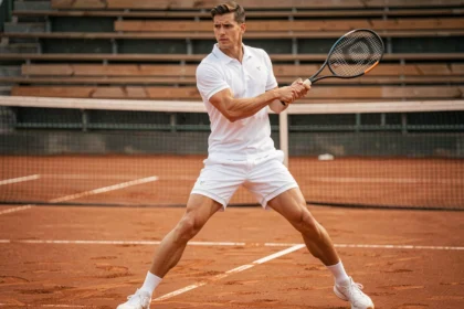 Stefan Edberg en plein élan sur court en terre battue, polo blanc classique, posture athlétique et expression concentrée