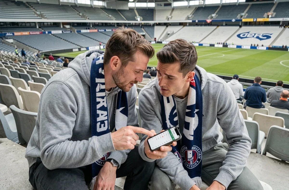 Deux supporters australiens consultant le classement A-League 2026 sur smartphone dans un stade de football