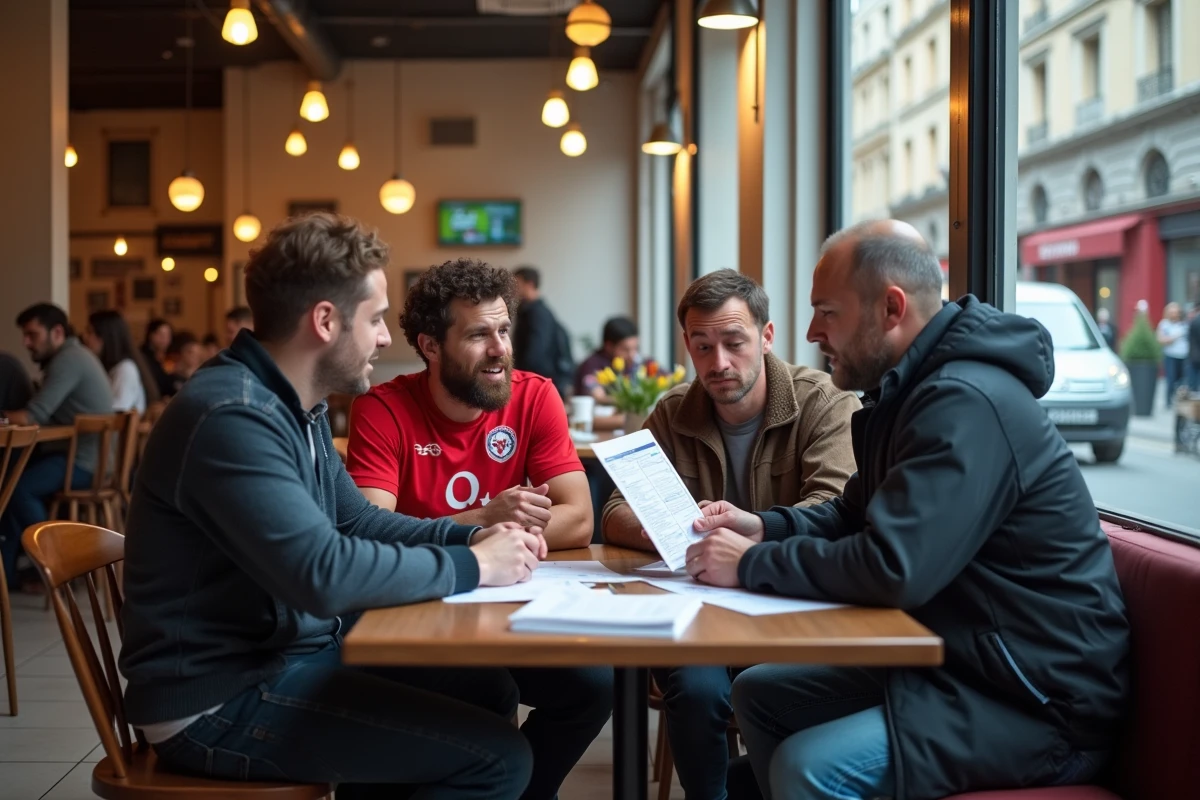 Supporters et analystes de l'OL discutant du budget et des finances du club de football de Lyon autour de documents économiques dans un café lyonnais