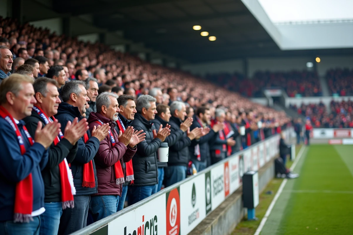 Tribune d'un stade de football amateur remplie de supporters portant les couleurs d'un club français local
