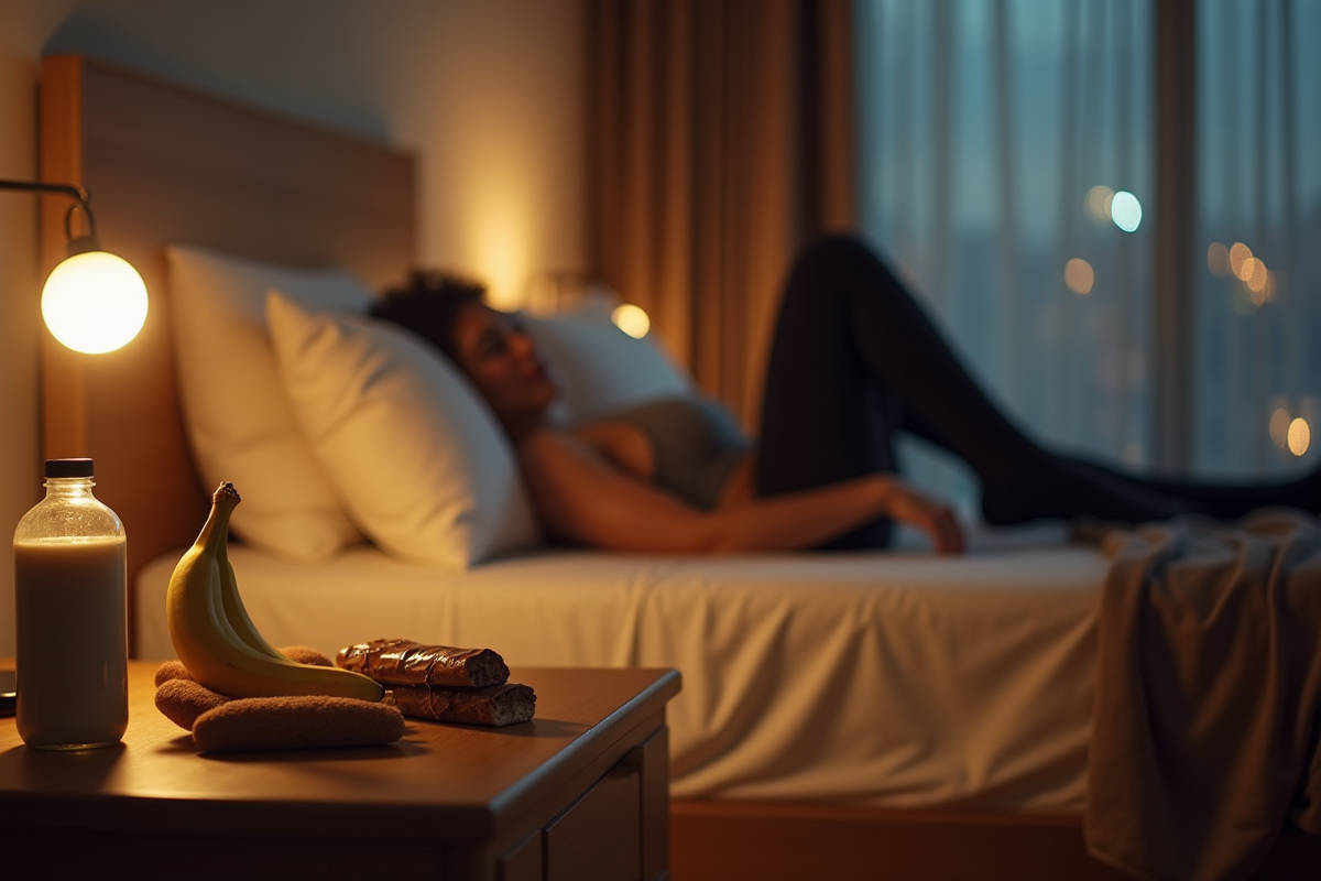 Table de nuit avec barres protéinées et banane dans la chambre