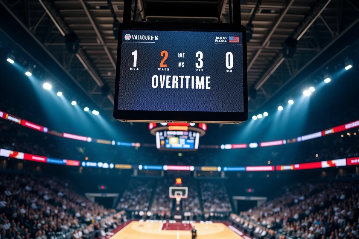 Tableau de scores d'un match de basket affichant une prolongation dans une salle de sport professionnelle