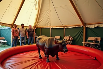Taureau mécanique installé sous un chapiteau de fête avec tapis de sécurité gonflable rouge et invités autour