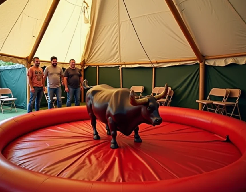 Taureau mécanique installé sous un chapiteau de fête avec tapis de sécurité gonflable rouge et invités autour