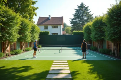 Terrain de padel installé dans un jardin privé en zone résidentielle avec haies et pelouse bien entretenue