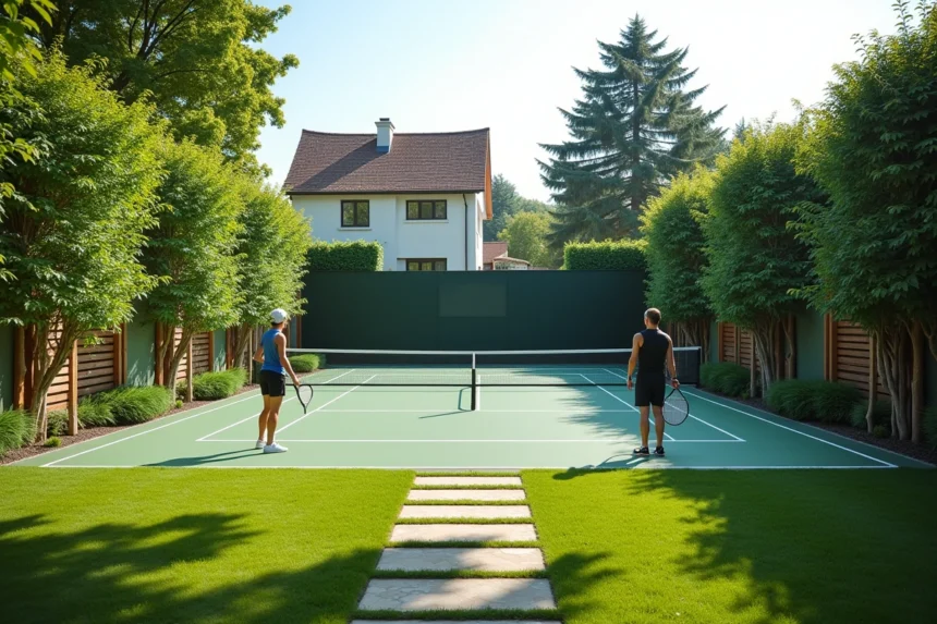 Terrain de padel installé dans un jardin privé en zone résidentielle avec haies et pelouse bien entretenue