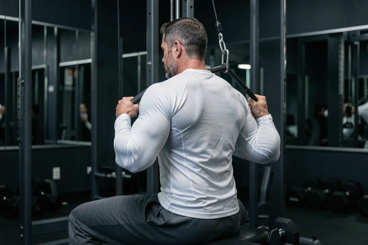 Homme d'âge moyen exécutant un tirage poulie prise serrée avec barre en V dans une salle de musculation privée