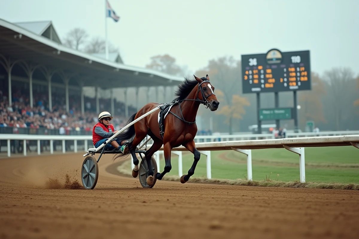Cheval trotteur en pleine course sur hippodrome avec tableau de bord électronique affichant les données de la course