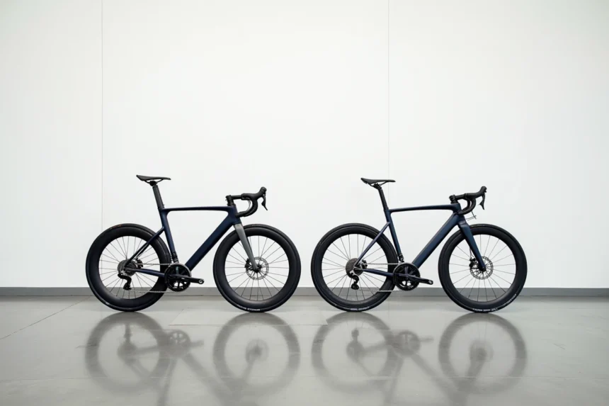 Comparaison des deux versions du Van Rysel RCR Pro et Signature côte à côte en studio vélo
